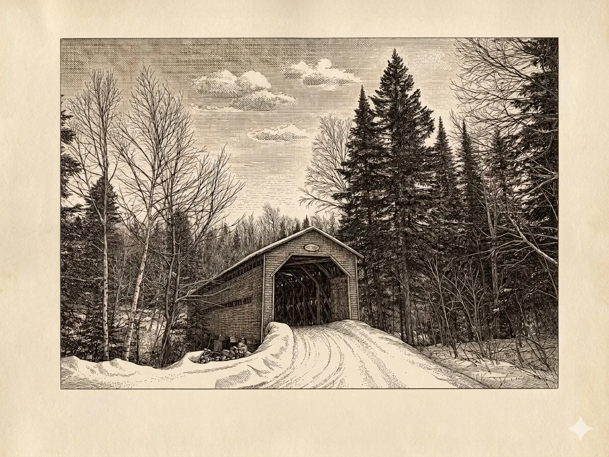Gravure du pont couvert de Saint-Placide-de-Charlevoix dans la forêt environnante